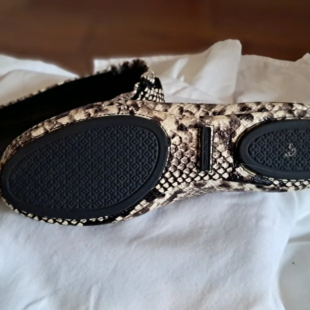Tory Burch Snake-Print Leather Logo Ballet Flats in Beige, Brown & Black